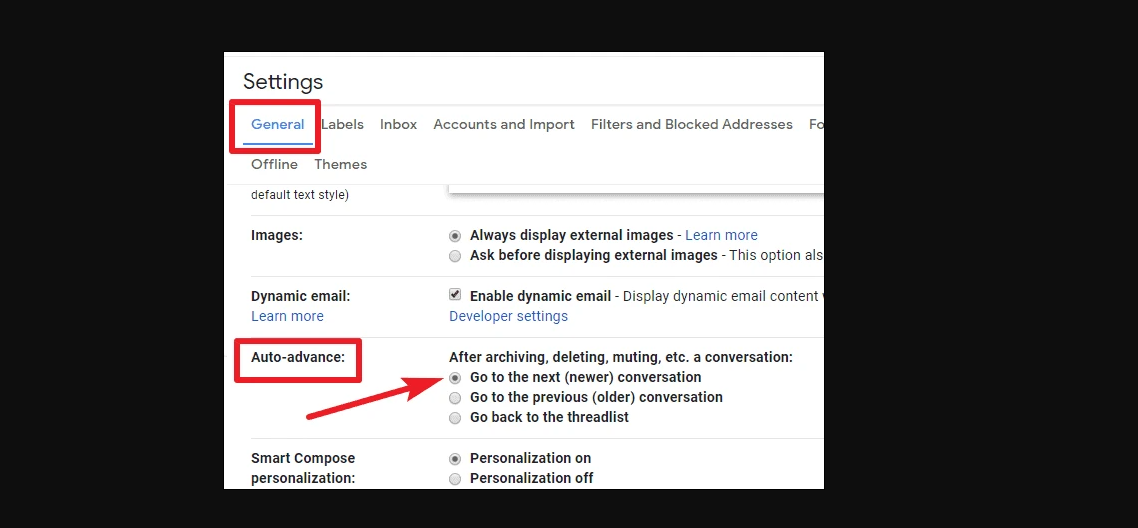 Turn on the Auto-advance feature in Gmail